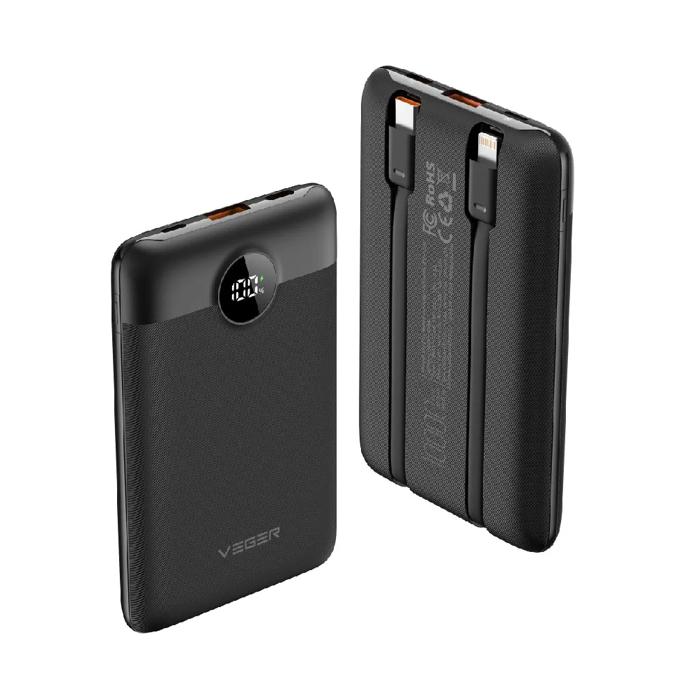 Зовнішній акумулятор VEGER C11 10000 mAh із вбудованими кабелями Black