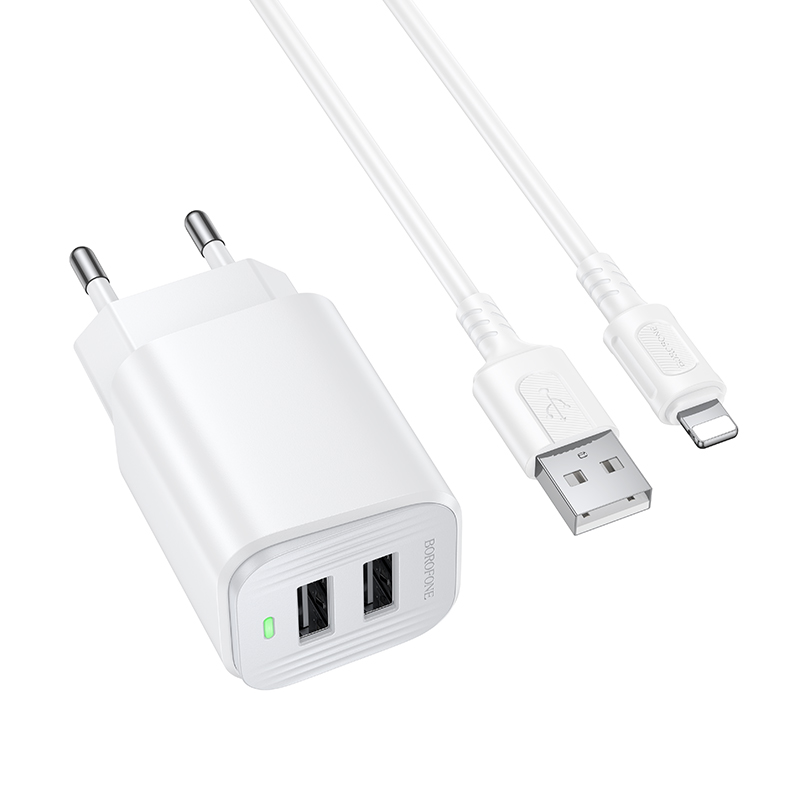 Мережевий зарядний пристрій BOROFONE BAS81A 2 USB з кабелем Lightning Білий