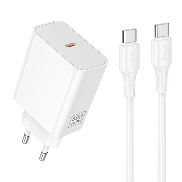 Мережевий зарядний пристрій HOCO C162A Source single port PD40W charger set(C to C) White