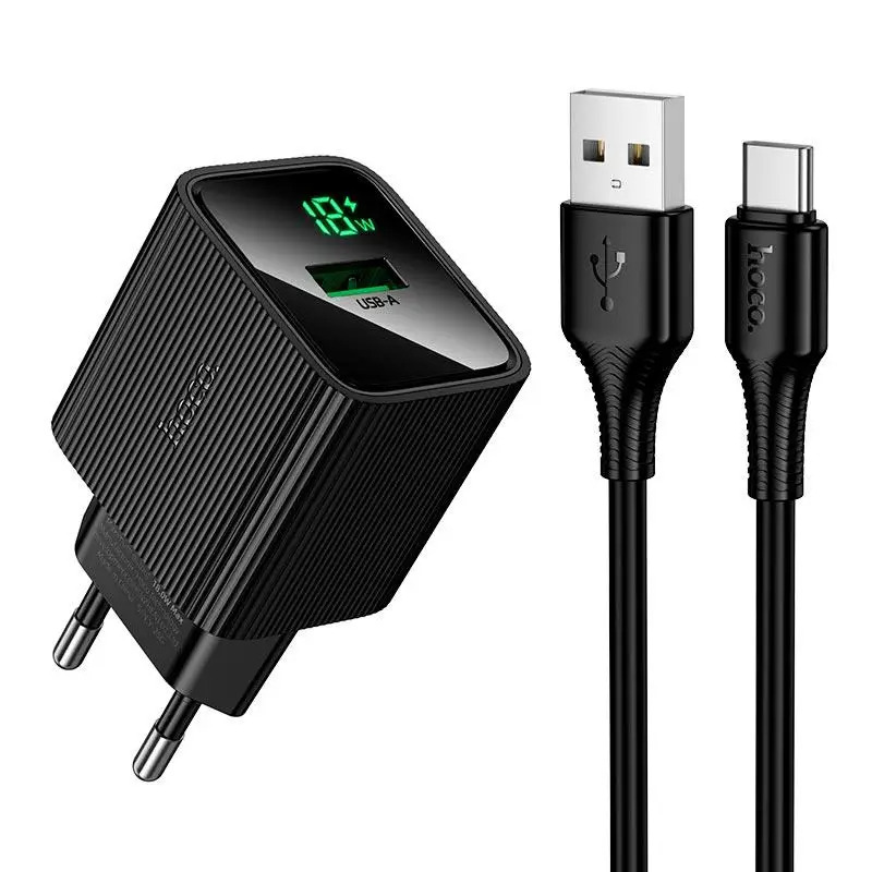Мережевий зарядний пристрій з кабелем HOCO CS111A Lounge single-port 22.5W multi-protocol charger set(Type-C) Black