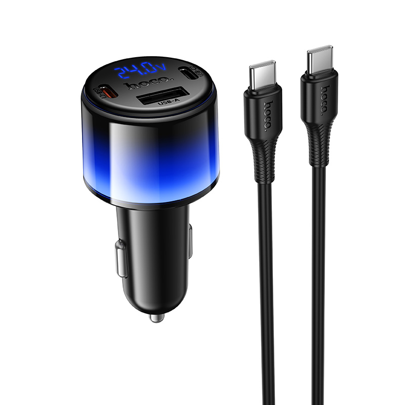 Автомобільний зарядний пристрій HOCO Z69A Vivido PD37W(2C1A) car charger with digital display set(C to C) Black